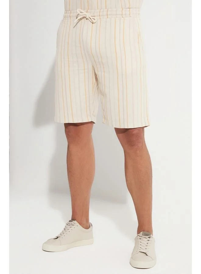 JUNE June Men Linen Look Striped Short Mustard - Beige