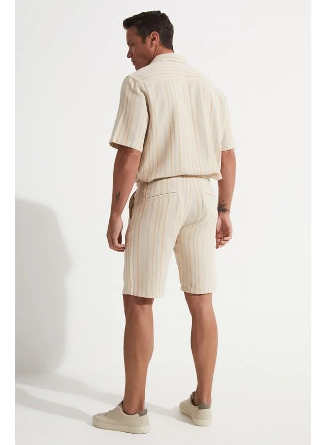 JUNE June Men Linen Look Striped Short Mustard - Beige
