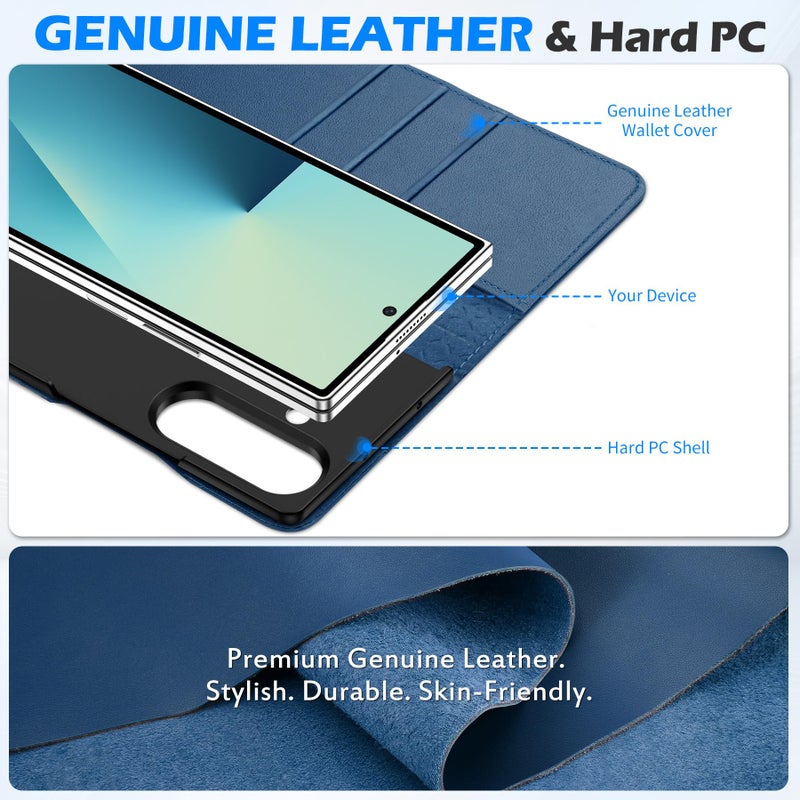 SHIELDON Wallet Case for Galaxy Z Fold7 2025, Genuine Leather, Folio Magnetic Closure, Stand Function, RFID Blocking Credit Card Holder, Shock Absorbent Cover for Galaxy Z Fold 7 8.0" - Royal Blue - Image 3