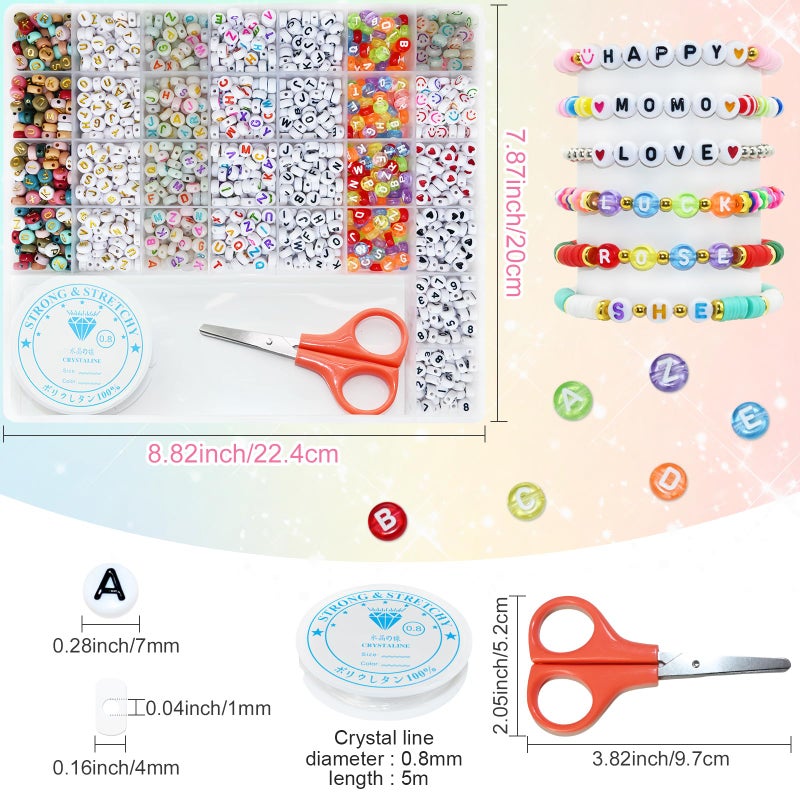 Looconi 1500 Pieces 6 Colors Letter Alphabet Beads and Number Heart Beads Round Flat and Crystal Line for Jewelry Making - Image 3