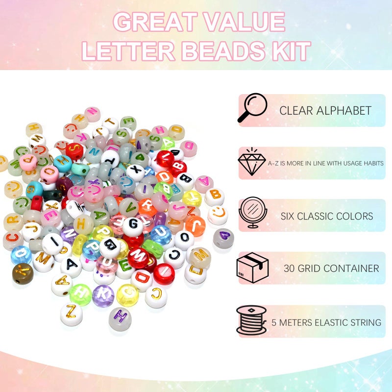 Looconi 1500 Pieces 6 Colors Letter Alphabet Beads and Number Heart Beads Round Flat and Crystal Line for Jewelry Making - Image 5