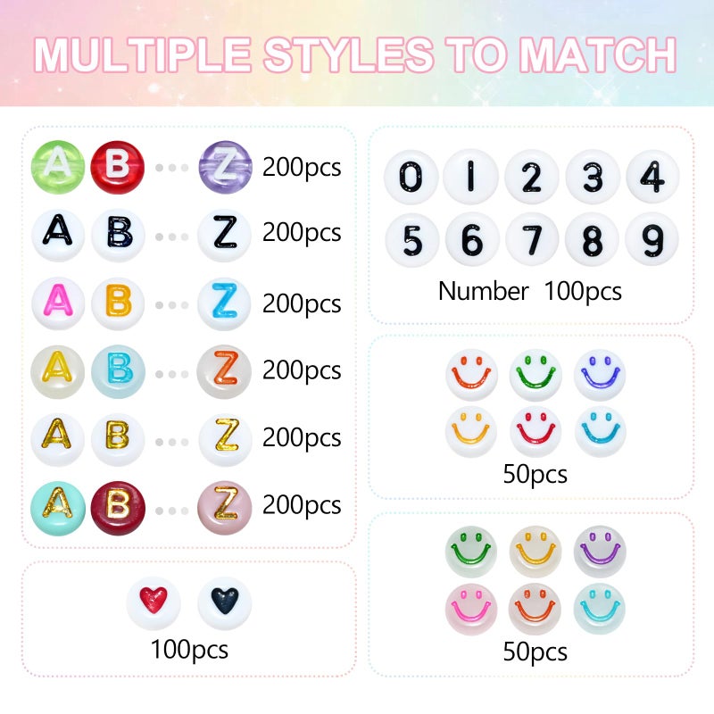 Looconi 1500 Pieces 6 Colors Letter Alphabet Beads and Number Heart Beads Round Flat and Crystal Line for Jewelry Making - Image 2