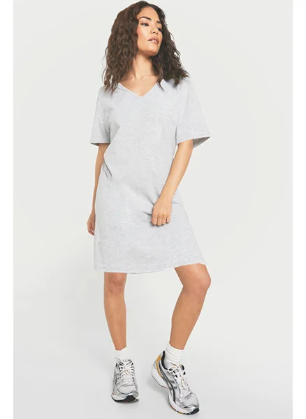 روك اند رول Plain Grey Melange V Neck Half Sleeve Knee Length Home Dress Nightgown