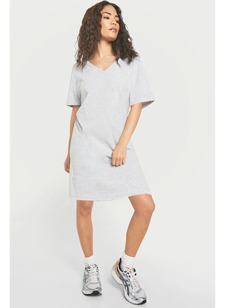 Rock&Roll Plain Grey Melange V Neck Half Sleeve Knee Length Home Dress Nightgown