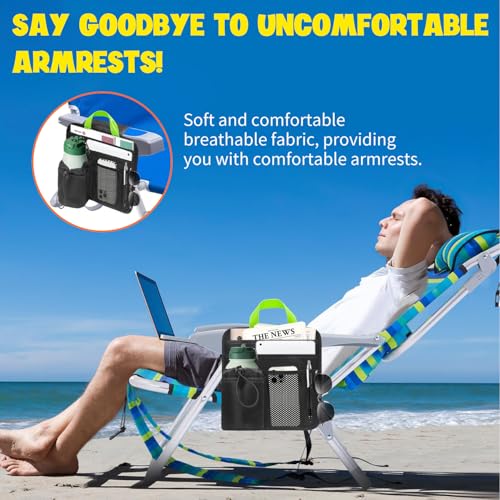 BOHEMIABY Beach Chair Cup Holder Attachment with Insulated Sleeve & 5 Pockets, Adjustable Armrest Organizer Caddy for Lawn Chairs, Camping, Stadium, Office (Black) - Image 2