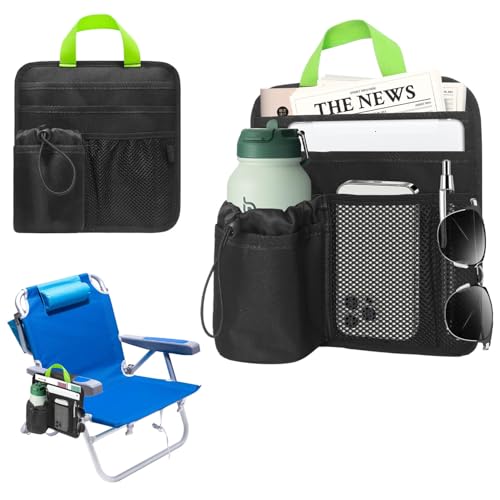 BOHEMIABY Beach Chair Cup Holder Attachment with Insulated Sleeve & 5 Pockets, Adjustable Armrest Organizer Caddy for Lawn Chairs, Camping, Stadium, Office (Black) - Image 1