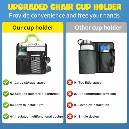 BOHEMIABY Beach Chair Cup Holder Attachment with Insulated Sleeve & 5 Pockets, Adjustable Armrest Organizer Caddy for Lawn Chairs, Camping, Stadium, Office (Black) - Image 3