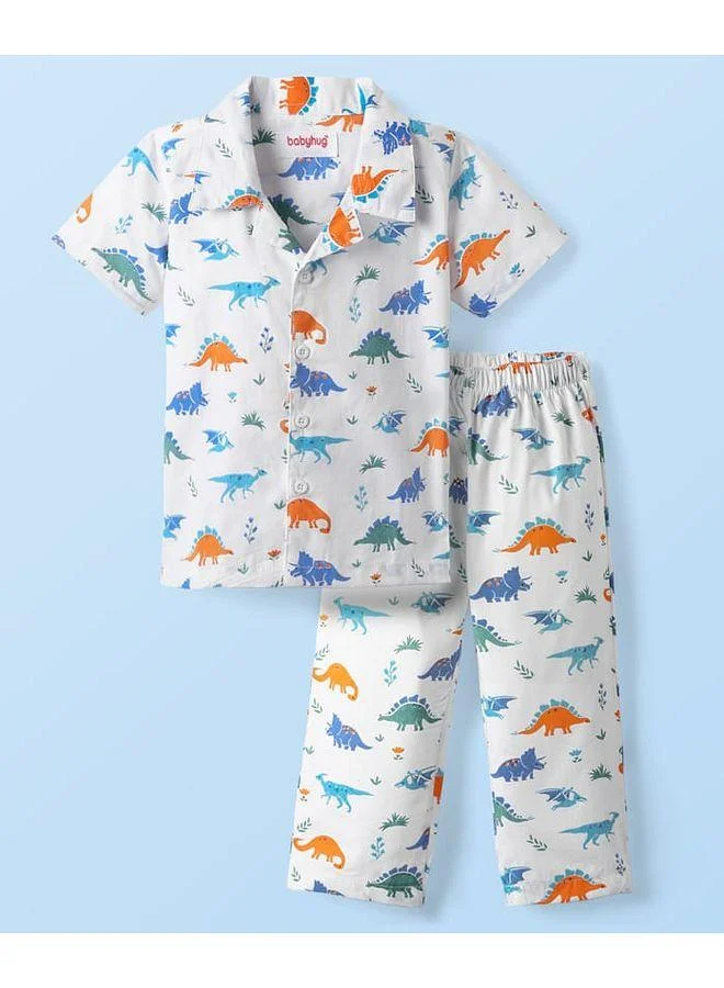 Babyhug Babyhug Cotton Woven Half Sleeves Night Suit With Dino Print - White
