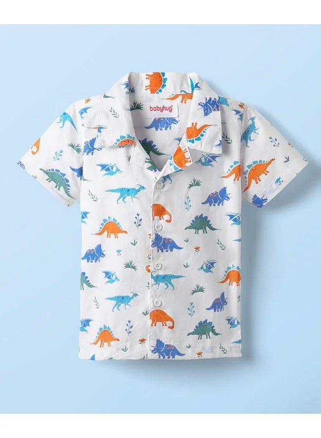Babyhug Babyhug Cotton Woven Half Sleeves Night Suit With Dino Print - White