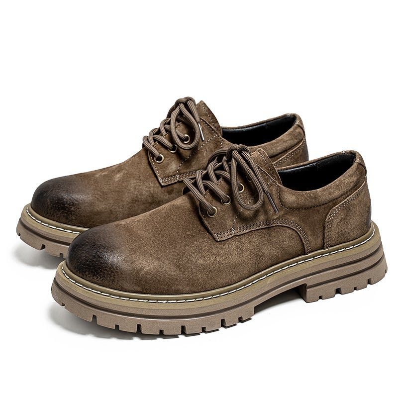 أحذية ريترو أمريكية منخفضة الكعب بلون الراوند العصرية 2024 أحذية عمل جديدة لربيع الشارع أحذية جلدية منخفضة الكعب للرجال X3190 كاكي - Image 1