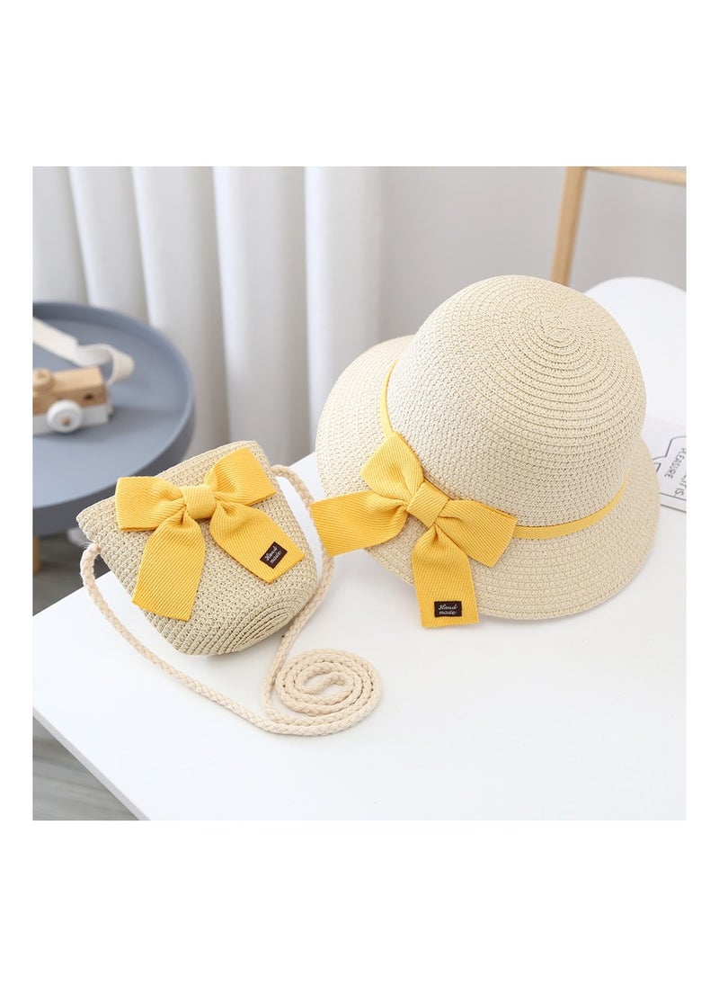KUYING Summer Children's Sun Protection Hat, Straw Hat Bag set, Large Brim Sun Protection Hat 