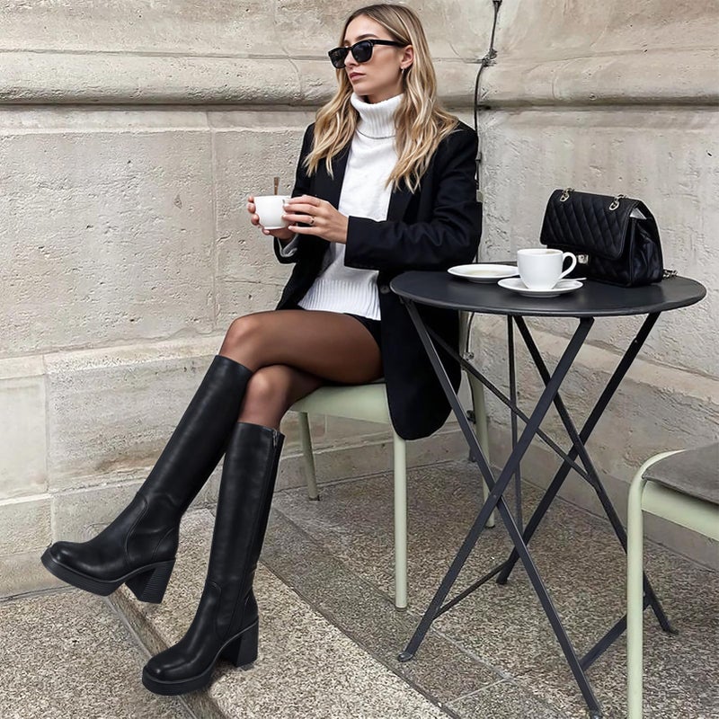 Choiran Black Knee High Boots for Women - Wide Calf Platform Tall Boots Square Toe Chunky Block Heeled Gogo Boots B 9 - Image 3
