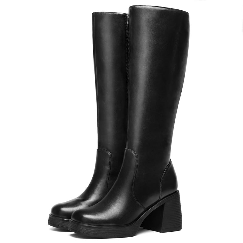 Choiran Black Knee High Boots for Women - Wide Calf Platform Tall Boots Square Toe Chunky Block Heeled Gogo Boots B 9 - Image 5