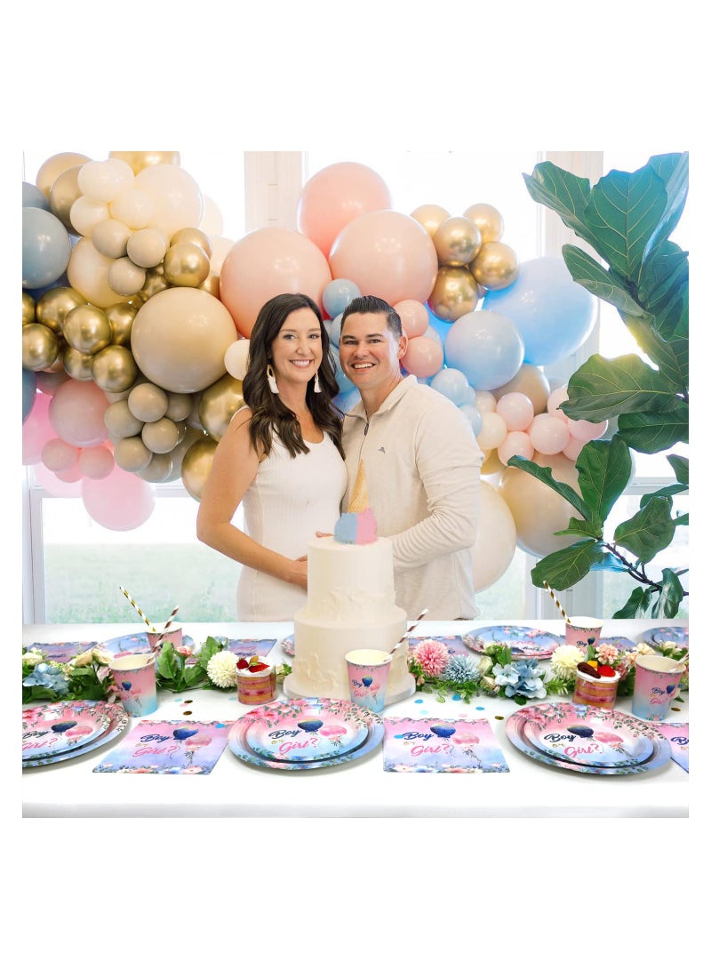 SOLARAE Gender Reveal Decoration Plates Set, Gender Reveal Party Tableware Set for 16 Guests, 84 PCS Paper Plates Cups Napkins Straws Floral Balloons Boy or Girl Tableware Set Gender Reveal Party Supplies - Image 5