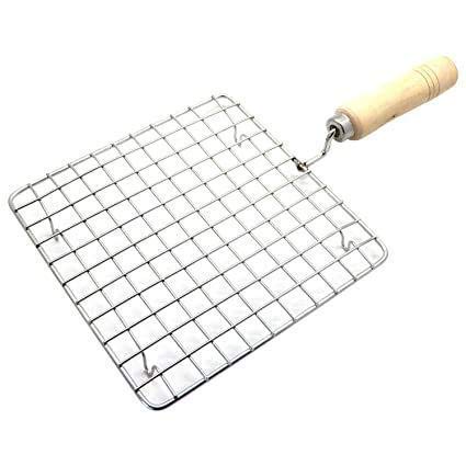 Jemei Kitchen Use Wooden Square Roasting Net Stainless Steel Roaster Wire with Papad Jali, Roti Jali and Barbecue Grill - Wooden Handle for Perfect Grilling and Roasting - Image 3
