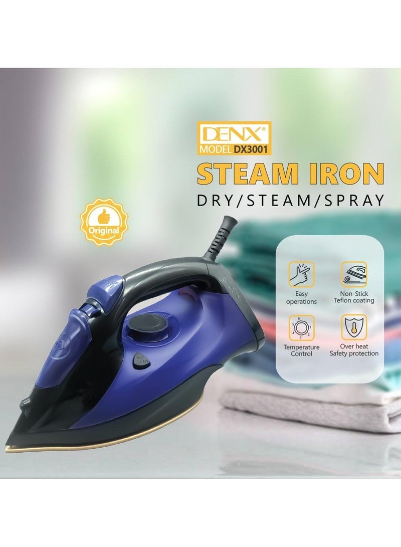 Denx Multifunctional Steam Iron with Non-Stick Soleplate, Wet/Dry Function/Temperature Control, Dry/Steam Burst/Steam/Vertical Steam/Spray - Image 3