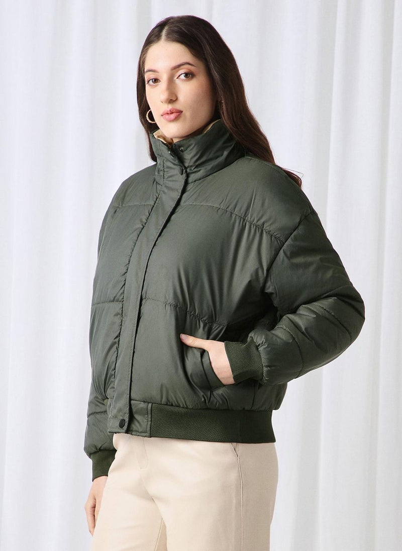 Globus Women Olive High Neck Long Sleeves Winter Wear Puffer Jacket - Image 3