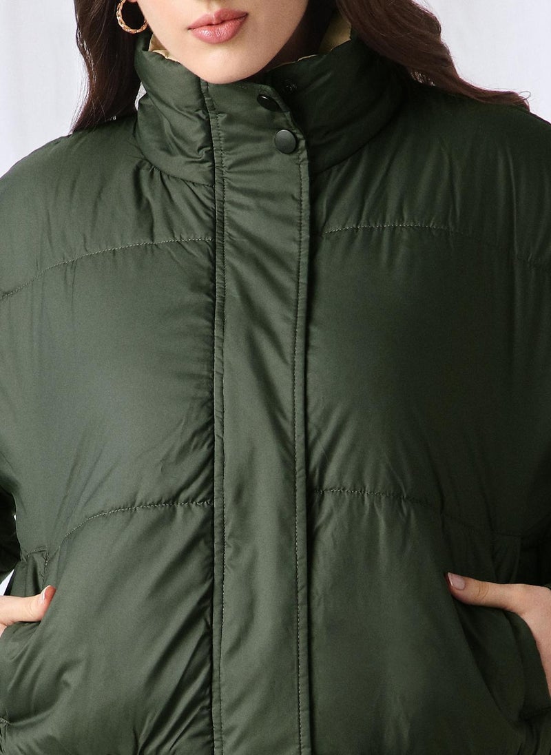 Globus Women Olive High Neck Long Sleeves Winter Wear Puffer Jacket - Image 5