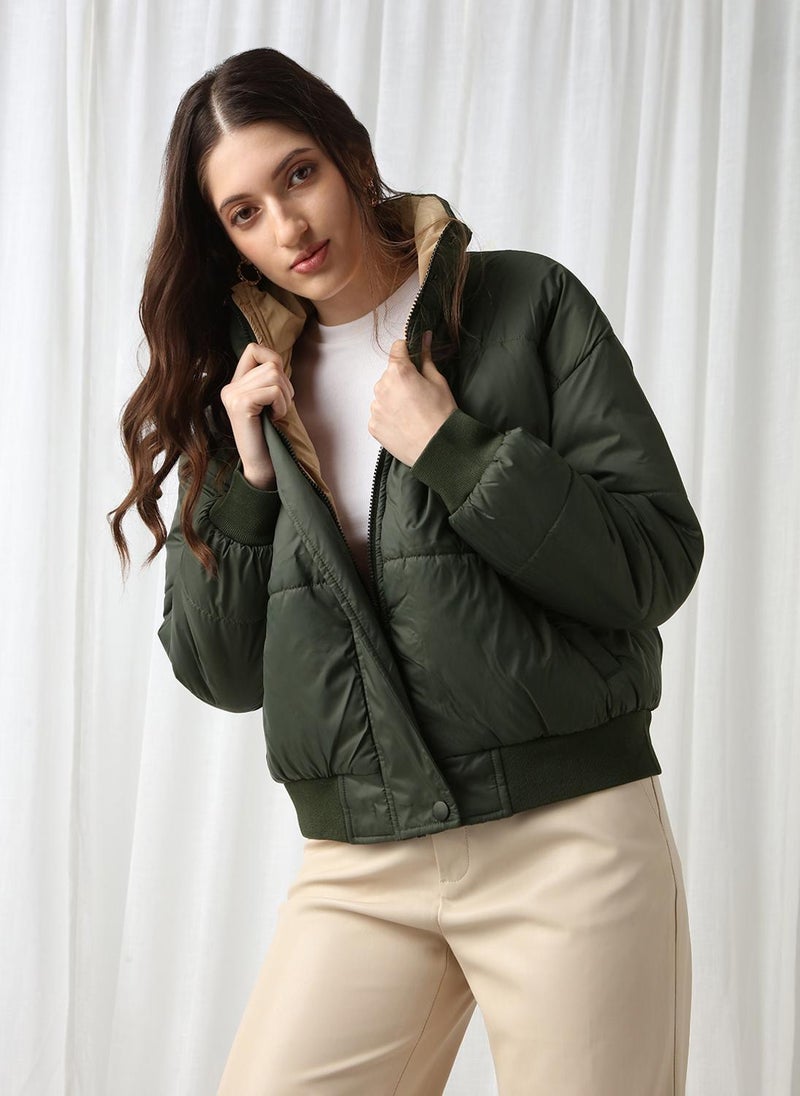 Globus Women Olive High Neck Long Sleeves Winter Wear Puffer Jacket - Image 1
