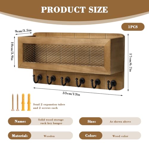 HASTHIP® Entryway Wall Storage Shelf with 6 Hooks, Vintage Wooden Wall Storage Organizer Rack Retro Metal Hook Rack Key Holder Entryway Accessories Organizer Box Rustic Style Home Decor, 13x6.7 inches - Image 2