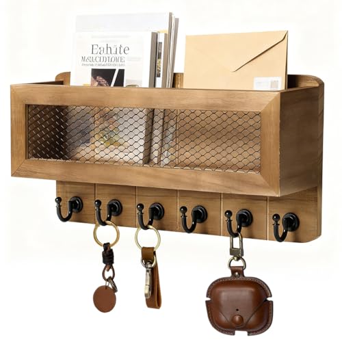 HASTHIP® Entryway Wall Storage Shelf with 6 Hooks, Vintage Wooden Wall Storage Organizer Rack Retro Metal Hook Rack Key Holder Entryway Accessories Organizer Box Rustic Style Home Decor, 13x6.7 inches - Image 1