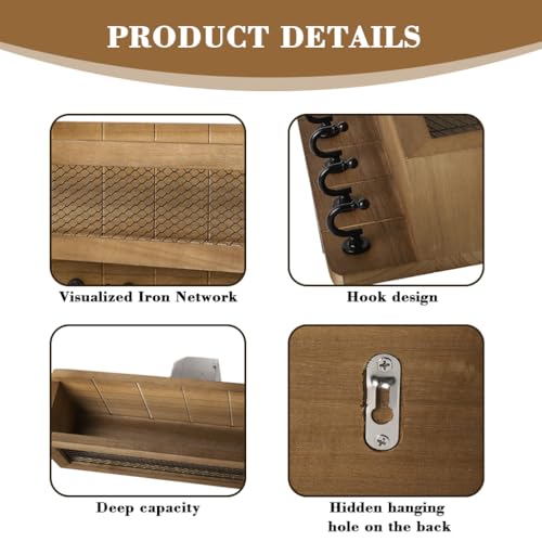 HASTHIP® Entryway Wall Storage Shelf with 6 Hooks, Vintage Wooden Wall Storage Organizer Rack Retro Metal Hook Rack Key Holder Entryway Accessories Organizer Box Rustic Style Home Decor, 13x6.7 inches - Image 3