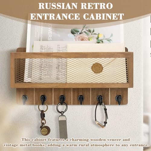 HASTHIP® Entryway Wall Storage Shelf with 6 Hooks, Vintage Wooden Wall Storage Organizer Rack Retro Metal Hook Rack Key Holder Entryway Accessories Organizer Box Rustic Style Home Decor, 13x6.7 inches - Image 4