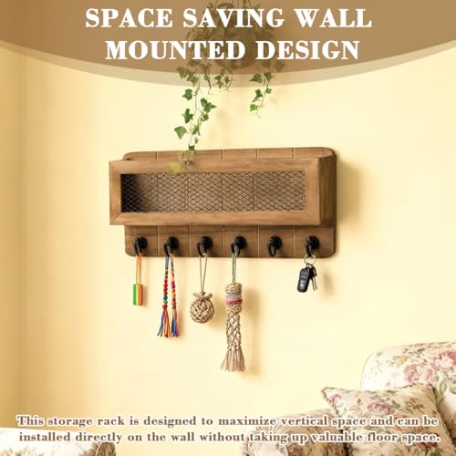 HASTHIP® Entryway Wall Storage Shelf with 6 Hooks, Vintage Wooden Wall Storage Organizer Rack Retro Metal Hook Rack Key Holder Entryway Accessories Organizer Box Rustic Style Home Decor, 13x6.7 inches - Image 5