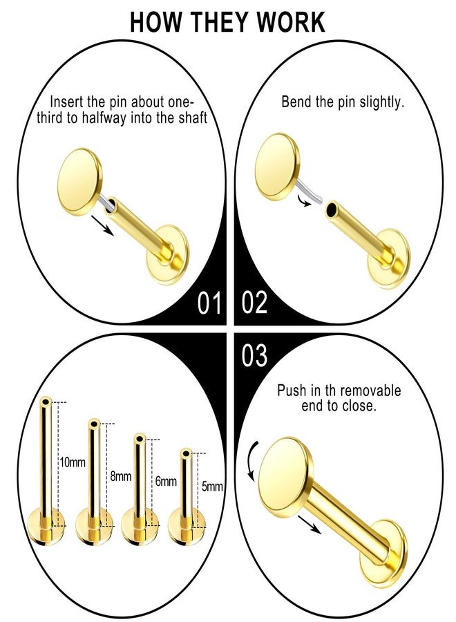 Melighting 14K Solid Gold Threadless Replacement, Gold Threadless Post Push in Flat Back, Labret, Nose, Helix, Conch, Tragus Cartilage Stud Earring 16G 18G 20G - Image 4