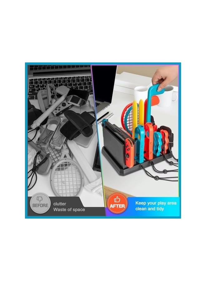PROMASS 16 in 1 Switch Sports Accessories Bundle for Nintendo Switch Games with Organizer Station, Includes Golf Clubs, Tennis Racket, Sword, Boxing Grips, Wrist Bands, Leg Strap & Game Card Case - Image 4