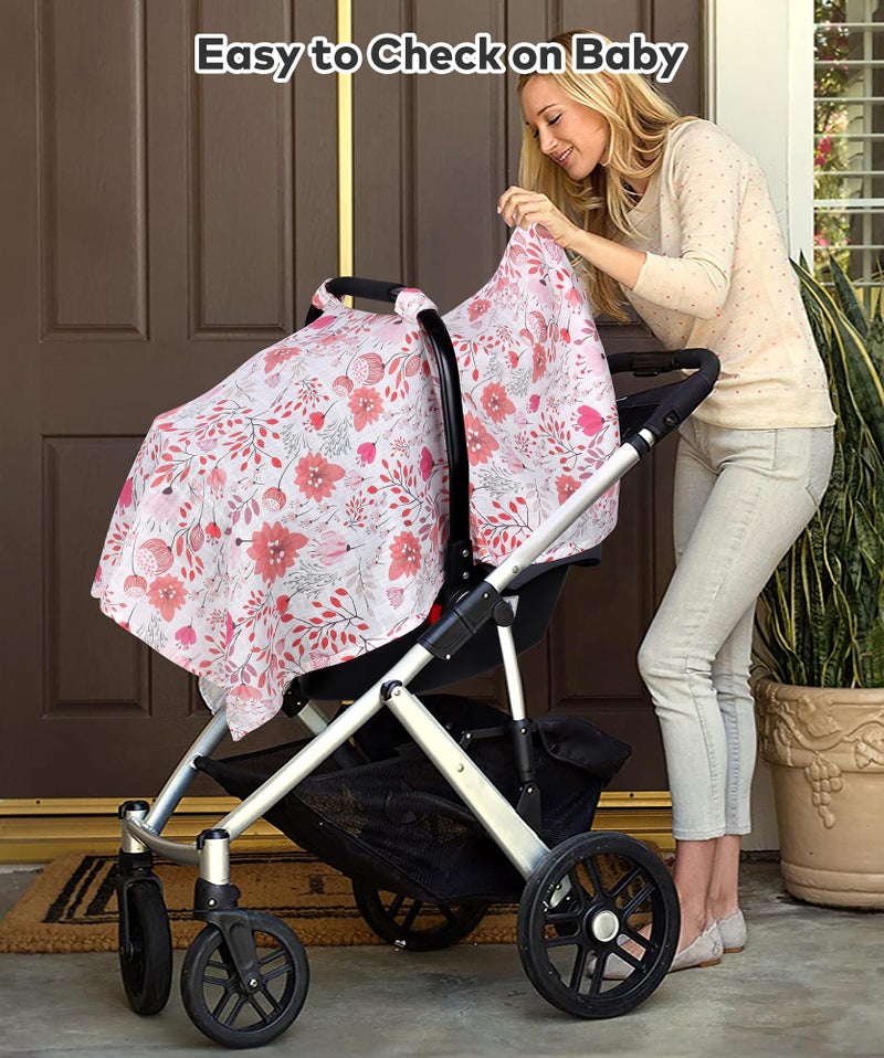 Rquite Muslin Car Seat Cover Baby, Carseat Covers Baby Girl Boy, Breathable Lightweight Infant Car Seat Cover, Baby Carrier Cover Car Seat Canopy Stroller Sun Shade for Summer & Hot Day, Universal Fit - Image 4