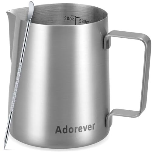 Adorever Milk Frothing Pitcher 20oz Stainless Steel Milk Frother Cup Steaming Pitcher Cappuccino Espresso Accessories Coffee Bar Barista Tools Metal Steamer Cup Milk Jug with Latte Art Pen Matte Steel - Image 1