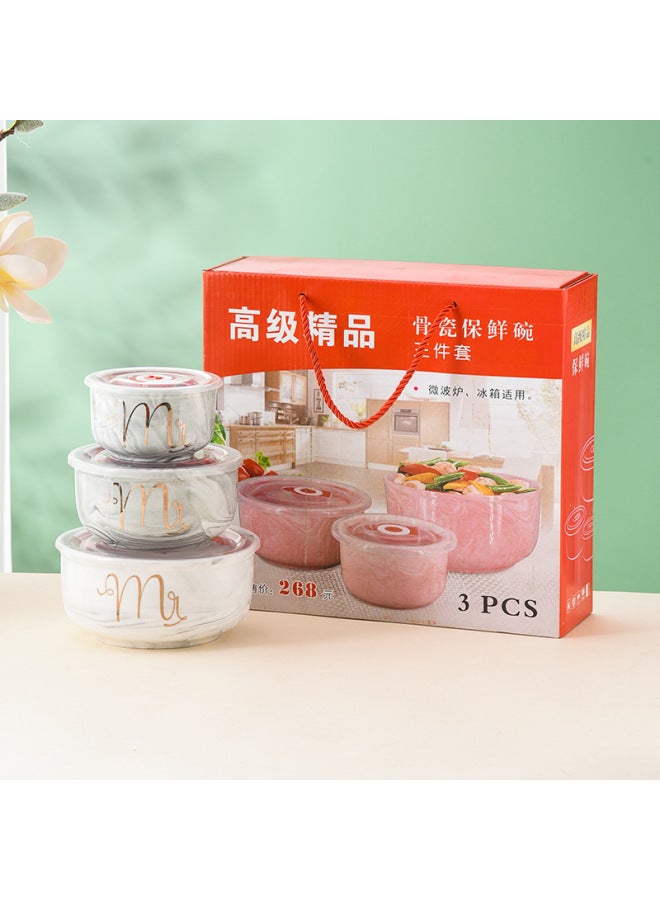 Ceramic Fresh-keeping Bowl Three-piece Sealed Bowl Gift Bowl Set Gift Microwave Oven Bowl With LOGO Fresh-keeping Bowl-Specifications:Large Package Comes With Marble Gray - Image 1