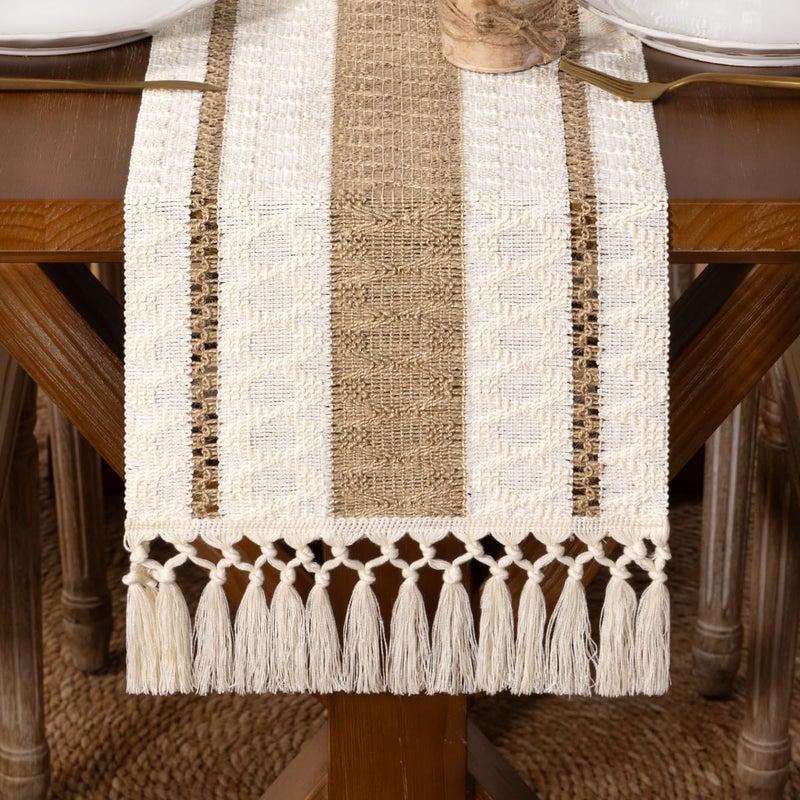 DeZerlor Boho Macrame Table Runner Farmhouse Woven Small Table Runner with Tassels 48 Inches Ivory& Burlap Brown Cotton Linen Kitchen Table Centerpiece for Dining Dresser Home Tea Table Decor - Image 1