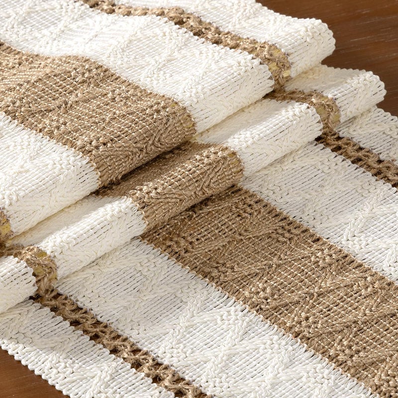 DeZerlor Boho Macrame Table Runner Farmhouse Woven Small Table Runner with Tassels 48 Inches Ivory& Burlap Brown Cotton Linen Kitchen Table Centerpiece for Dining Dresser Home Tea Table Decor - Image 2