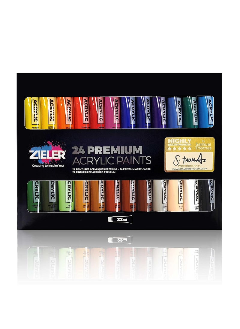 Zieler Zieler Premium Acrylic Paint Set (24 Large 22ml Tubes) Ideal for Paper, Canvas, Wood, Ceramic, Fabric & Crafts. Vibrant Colours & Rich Pigments  - Image 1