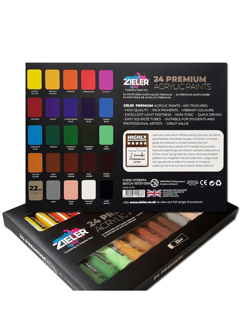 Zieler Zieler Premium Acrylic Paint Set (24 Large 22ml Tubes) Ideal for Paper, Canvas, Wood, Ceramic, Fabric & Crafts. Vibrant Colours & Rich Pigments  - Image 2