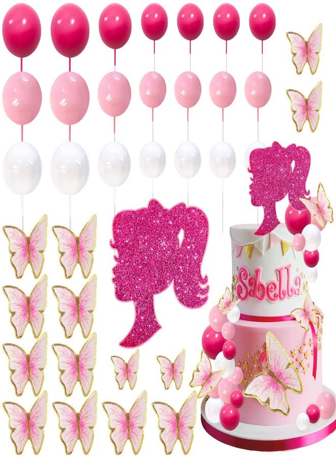 MEMOVAN Hot Pink Girl Cake Toppers 27pcs Pink Ball Butterfly Cake Decoration Girl Theme Cake Decoration for Boho Girl Hot Pink Princess Theme Wedding Baby Shower Birthday Party Supplies - Image 1