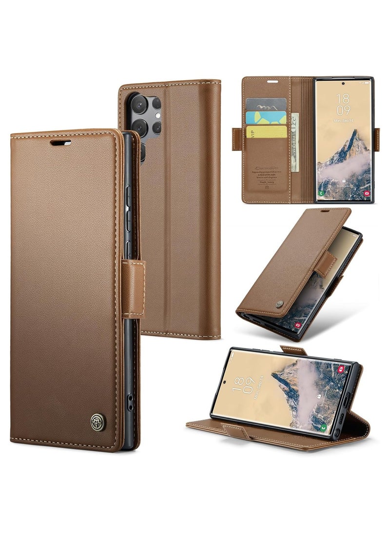 CaseMe Case Me Compatible With Samsung Galaxy S25 Ultra Flip Case Luxury PU Leather Design Anti Fingerprint 023 Card Slot Holder (Brown)  - Image 1