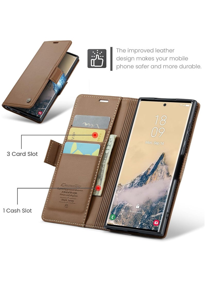 CaseMe Case Me Compatible With Samsung Galaxy S25 Ultra Flip Case Luxury PU Leather Design Anti Fingerprint 023 Card Slot Holder (Brown)  - Image 4