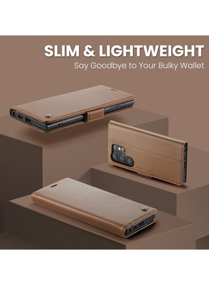 CaseMe Case Me Compatible With Samsung Galaxy S25 Ultra Flip Case Luxury PU Leather Design Anti Fingerprint 023 Card Slot Holder (Brown)  - Image 5