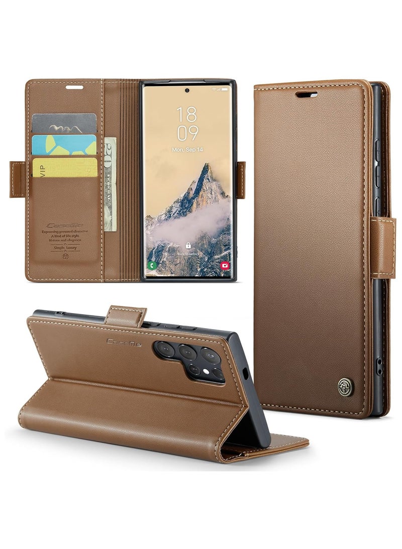 CaseMe Case Me Compatible With Samsung Galaxy S25 Ultra Flip Case Luxury PU Leather Design Anti Fingerprint 023 Card Slot Holder (Brown)  - Image 2