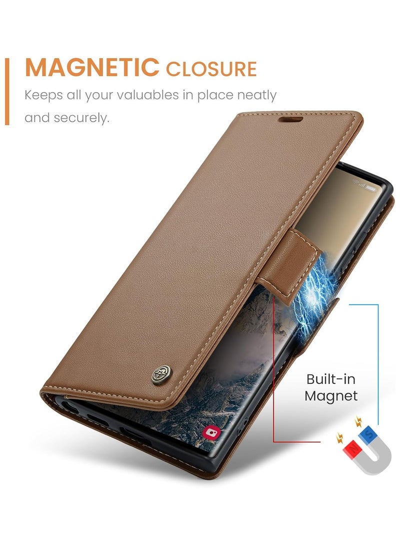 CaseMe Case Me Compatible With Samsung Galaxy S25 Ultra Flip Case Luxury PU Leather Design Anti Fingerprint 023 Card Slot Holder (Brown)  - Image 3