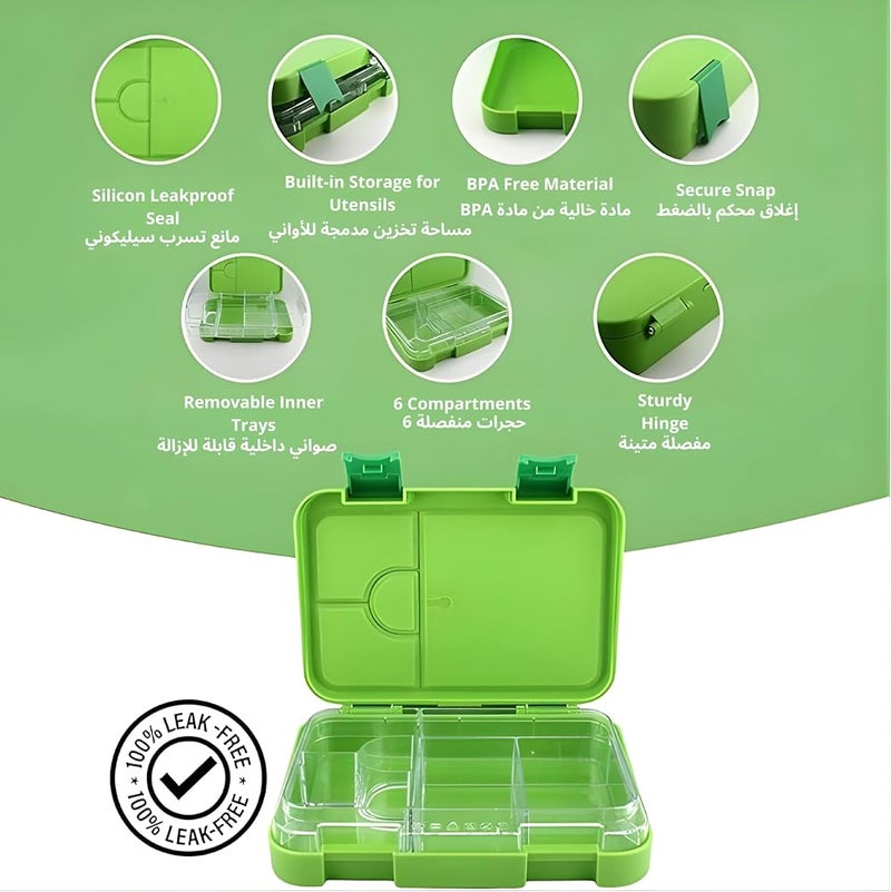 BrainGiggles BPA Free Bento Lunch Box for Kids with Adjustable Compartments, Leakproof Airtight 760 ml Insulated Tiffin Box with Removable Tray School Lunchbox for Toddlers, Boys and Girls (Green) - Image 2