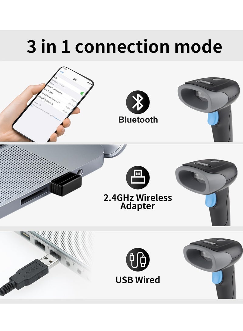 Wireless Barcode Scanner 1D 2D QR Code Scanner Handheld Laser Bar Code Reader 3 in 1 with Bluetooth 2.4G Wireless and USB Wired 100m Transmission Distance Shock Dust Proof Hands Free - Image 3