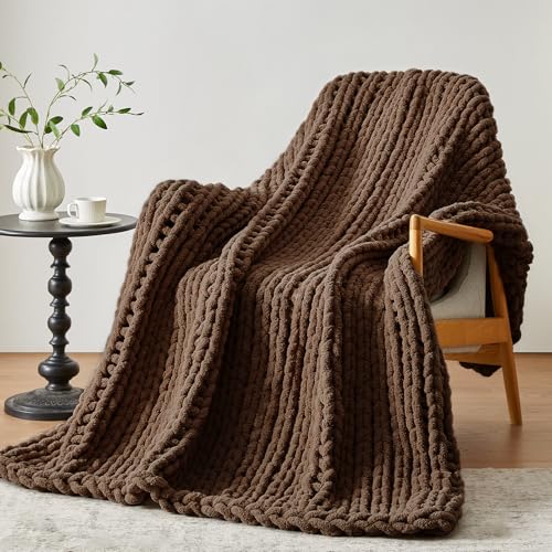 Negwoo Chunky Knit Throw Blanket, 50''*60'' Knitted Throw Chenille Yarn for Bed Couch, Handmade Dark Brown Crochet Big Thick Blanket, Machine Washable Cute Comfy Blanket for Home Decor - Image 1