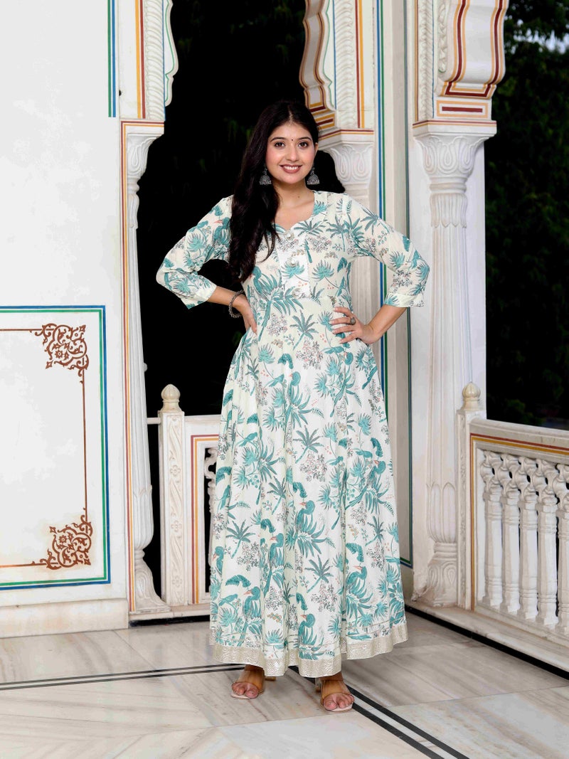 Miravan Womens Green Cotton Birds And Leaf Floral Printed And Lace Border Details Anarkali Kurta - Image 3
