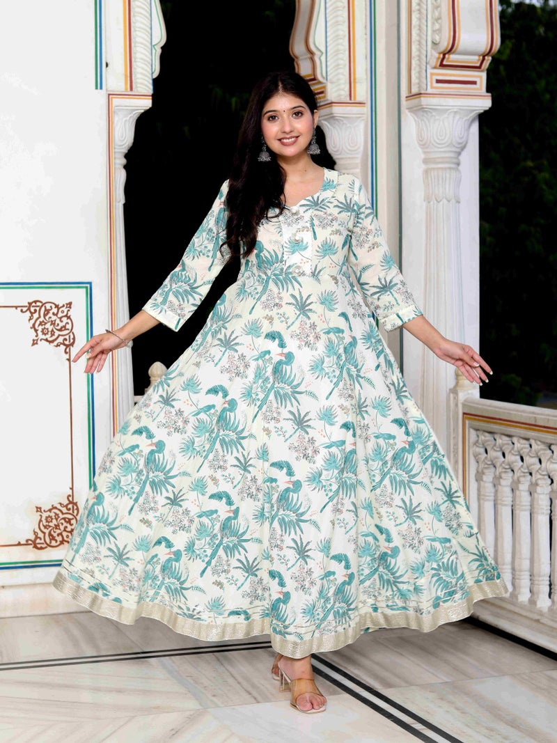 Miravan Womens Green Cotton Birds And Leaf Floral Printed And Lace Border Details Anarkali Kurta - Image 1