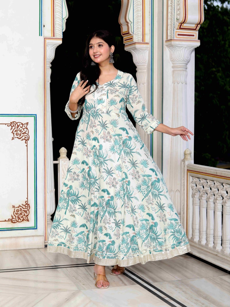 Miravan Womens Green Cotton Birds And Leaf Floral Printed And Lace Border Details Anarkali Kurta - Image 2