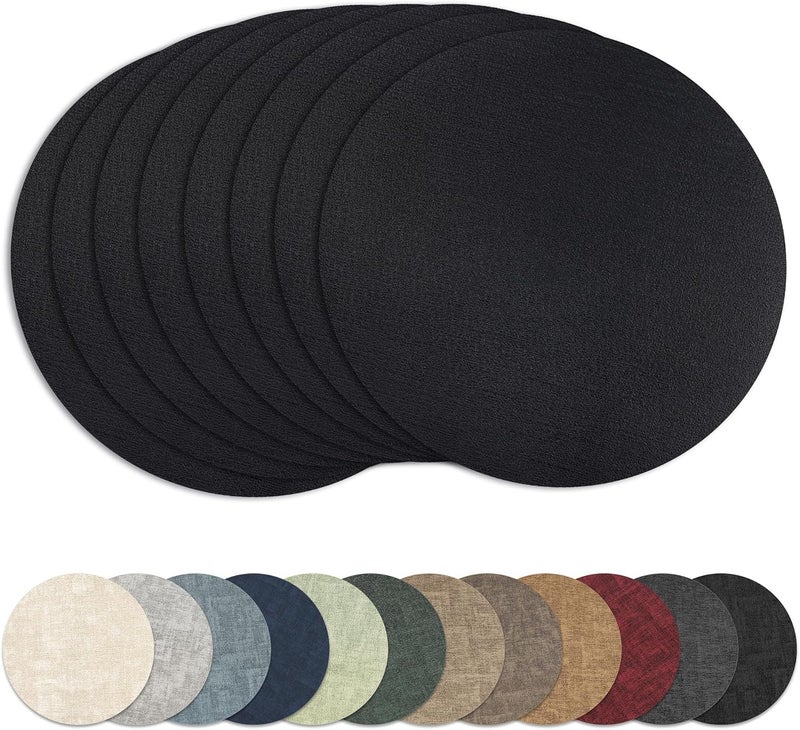 NCUE 13" Round Placemats Set of 8, Reversible Faux Leather Heat Resistant Table Mats, 100% Waterproof Oilproof Wipeable Table Protective Placemats for Vinyl, Washable for Indoor (8, Black) - Image 1